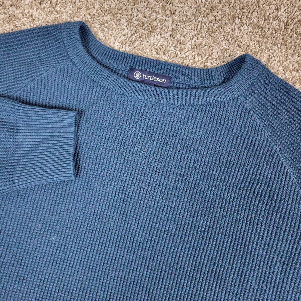Turtleson Mens Medium Blue Stretch Knit Sweater 100% Extra Fine Merino Wool